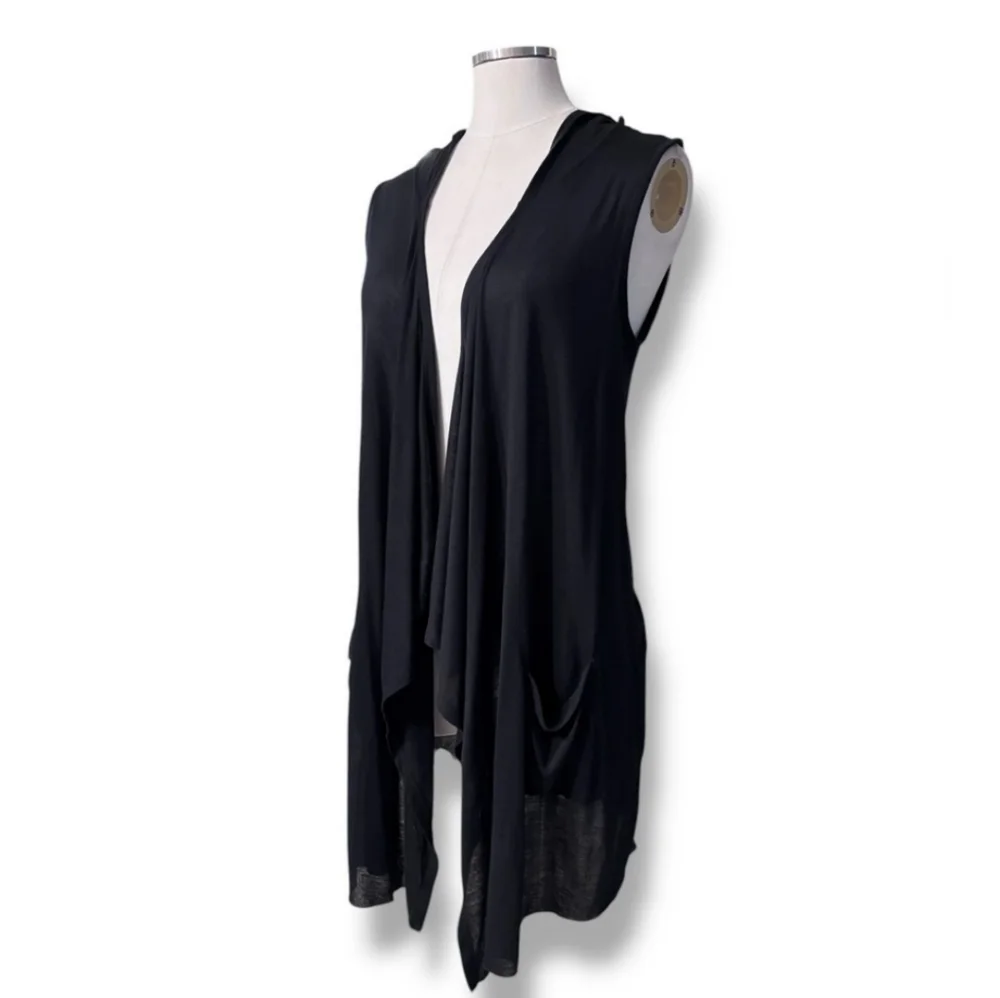 SOFT JOIE Black Sleeveless Draped Waterfall Cardigan with Pockets and Hood